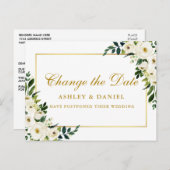 水彩グリーンホワイトフローラ日付金ゴールドの変更 ポストカード (正面/裏面)