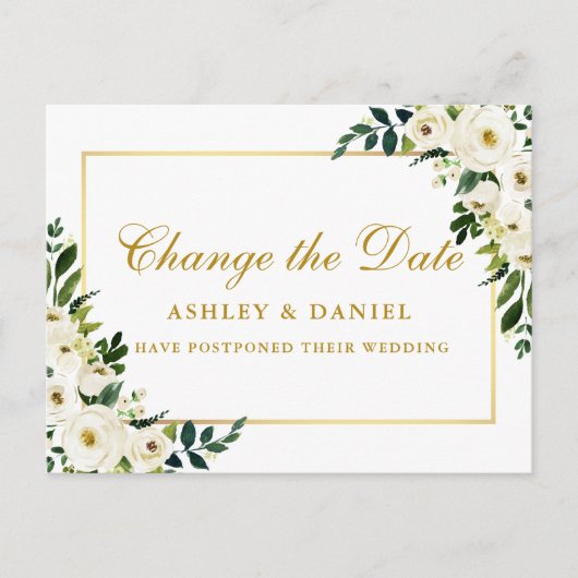 水彩グリーンホワイトフローラ日付金ゴールドの変更 ポストカード (正面)