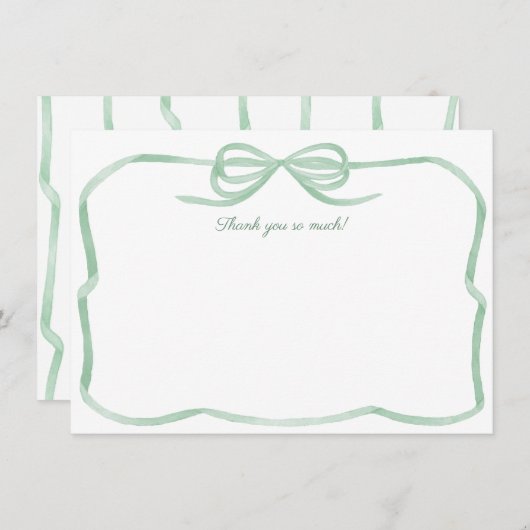 水彩グリーンボウ結び目ブライダルシャワー サンキューカード (正面/裏面)