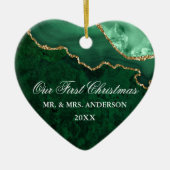 水彩グリーンマーブルゲート結婚ハート セラミックオーナメント (正面)