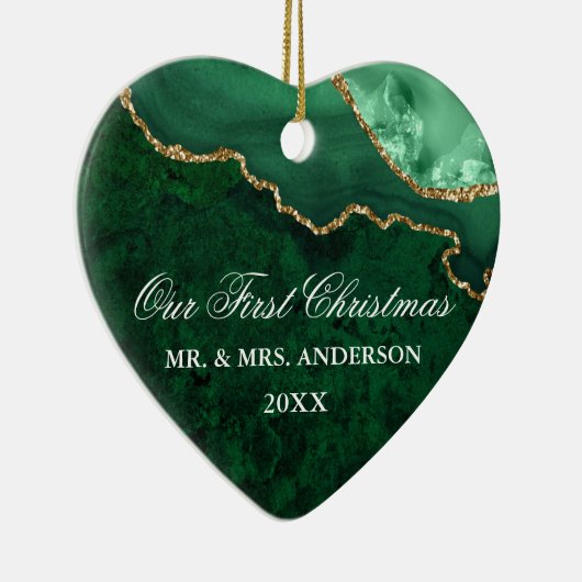 水彩グリーンマーブルゲ結婚ードのハート写真 セラミックオーナメント (右)