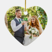 水彩グリーンマーブルゲ結婚ードのハート写真 セラミックオーナメント (裏面)