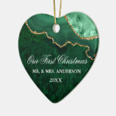 水彩グリーンマーブルゲ結婚ードのハート写真 セラミックオーナメント (左)