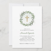 水彩グリーンリーと金ゴールドクロス | バプテスマ 招待状 (正面)