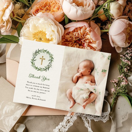 水彩グリーンリーと金ゴールドクロス | 写真バプテスマ サンキューカード