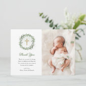 水彩グリーンリーと金ゴールドクロス | 写真バプテスマ サンキューカード (スタンド正面)