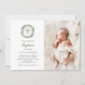 水彩グリーンリーと金ゴールドクロス | 写真バプテスマ 招待状 (正面)