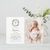 水彩グリーンリーと金ゴールドクロス | 写真バプテスマ 招待状 (スタンド正面)