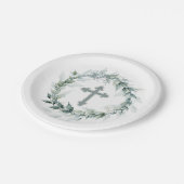 水彩グリーンリークロス聖餐式 ペーパープレート (アングル)