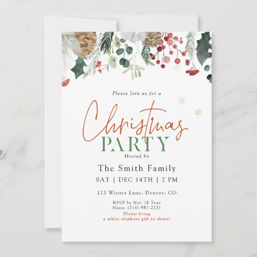 水彩グリーンリースのクリスマスパーティー 招待状 (正面)