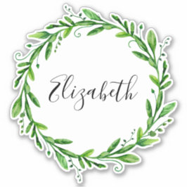 水彩グリーンリース。夏の植物名 シール