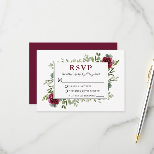 水彩グリーンリーバーガンディバラ結婚ズ 出欠カード (正面/裏面インサイチュ)