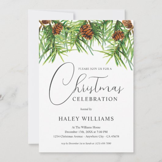 水彩グリーンリーパイン企業のクリスマスパーティー 招待状 (正面)