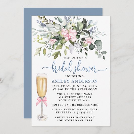 水彩グリーンリーピンクダスティブルーブライダルシャワー 招待状 (正面/裏面)