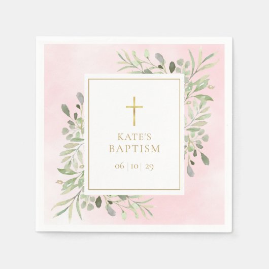 水彩グリーンリーピンクバプテスマ《キリスト教》洗礼式や命名式 スタンダードカクテルナプキン (正面)