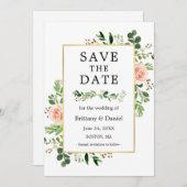 水彩グリーンリーピンクフローラ保存カード セーブザデート (正面/裏面)