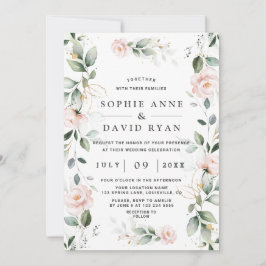 水彩グリーンリーピンクフローラ結婚金ゴールド 招待状