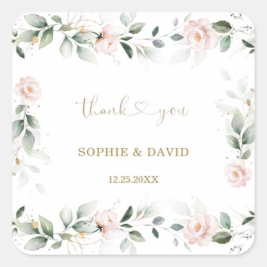 水彩グリーンリーピンクフローラ結婚金ゴールドS スクエアシール (正面)