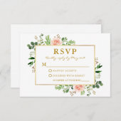 水彩グリーンリーピンクローズ結婚ズ金ゴールド 出欠カード (正面/裏面)