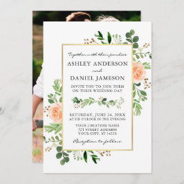 水彩グリーンリーピーチバラフォトバック結婚ズ 招待状