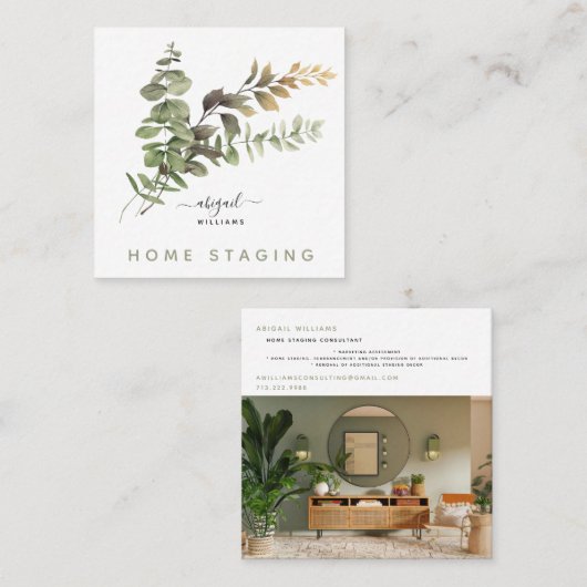 水彩グリーンリーフォトホームステージングスクエア スクエア名刺 (正面/裏面)