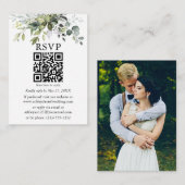 水彩グリーンリーフォトQRウェディングRSVP エンクロージャーカード (正面/裏面)