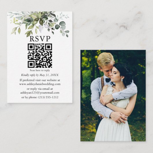 水彩グリーンリーフォトQRウェディングRSVP エンクロージャーカード (正面/裏面)