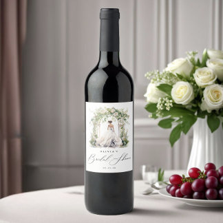 水彩グリーンリーフローラブライダルシャワー ワインラベル