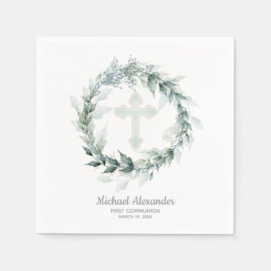 水彩グリーンリーブルークロスファースト聖餐式 スタンダードカクテルナプキン (正面)