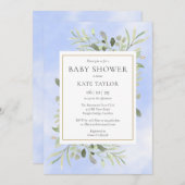 水彩グリーンリーブルーベビーシャワー |振りかける 招待状 (正面/裏面)