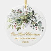 水彩グリーンリーベリー金ゴールド写真の戻り セラミックオーナメント (正面)