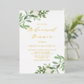 水彩グリーンリーホワイトフラワーリハーサルディナー 箔招待状 (立ち正面)