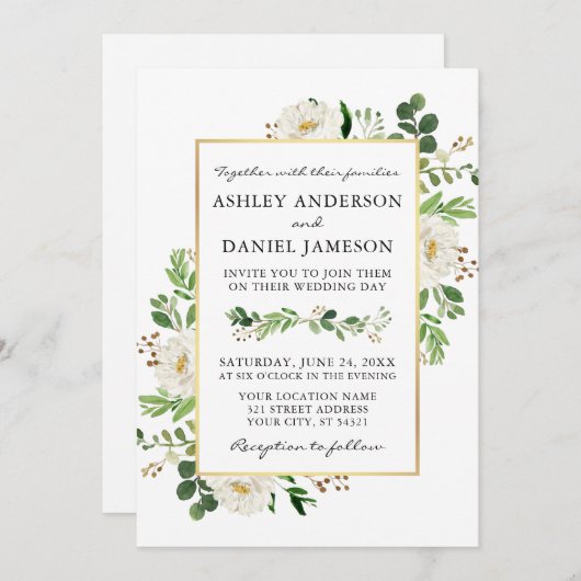 水彩グリーンリーホワイトフローラ写真結婚ズ 招待状 (正面/裏面)