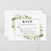 水彩グリーンリーホワイトフローラ結婚金ゴールド 出欠カード (正面/裏面)