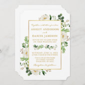 水彩グリーンリーホワイトフローラ結婚金ゴールド 招待状 (正面/裏面)