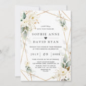 水彩グリーンリーホワイトフローラ結婚金ゴールド 招待状 (正面)