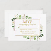 水彩グリーンリーホワイト結婚フローラ金ゴールド 出欠カード (正面/裏面)