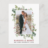 水彩グリーンリーレッドベリー結婚した&メリー ポストカード (正面)