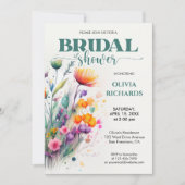 水彩グリーンリーワイルドフラワーブライダルシャワー 招待状 (正面)