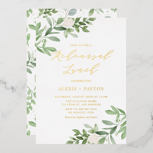 水彩グリーンリー白い花リハーサル昼食 箔招待状 (正面/裏面)