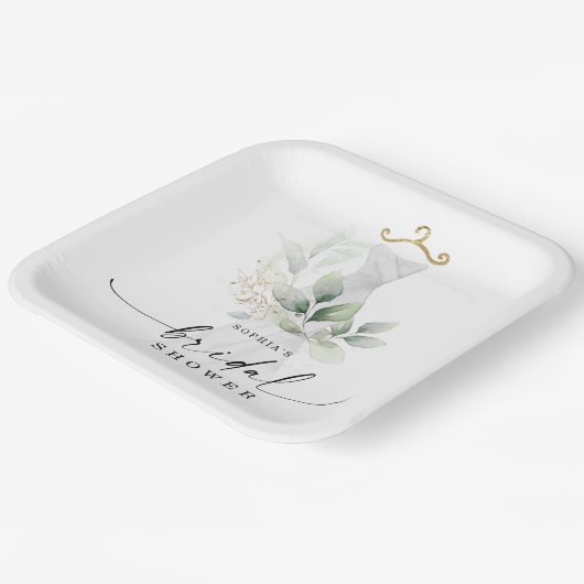 水彩グリーンリー金ゴールドブライダルシャワー ペーパープレート (傾斜あり)