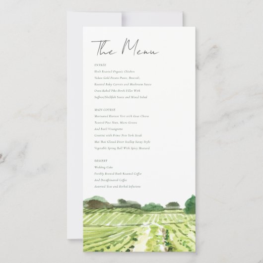 水彩グリーンワイナリーヴィンヤードズ結婚メニューカード サンキューカード (正面)