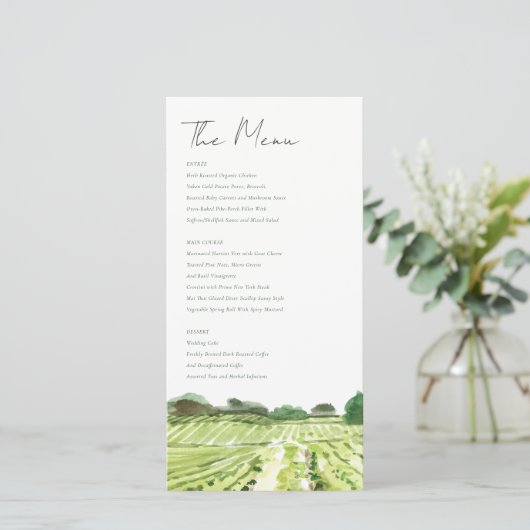 水彩グリーンワイナリーヴィンヤードズ結婚メニューカード サンキューカード (スタンド正面)