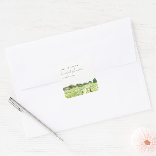 水彩グリーンワイナリー ヴィンテージ ブライダルシャワー スクエアシール (封筒)
