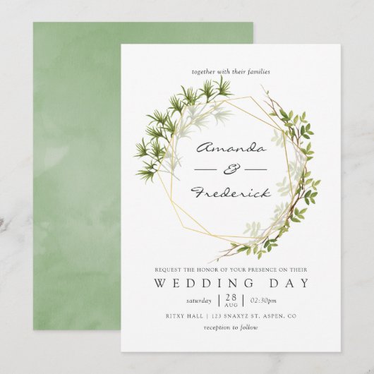 水彩グリーン幾何学ウェディング招待状 招待状 (正面/裏面)