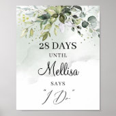 水彩グリーン植物ボヘミアンチックカウントダウンサイン ポスター (正面)