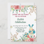 水彩グリーン植物 フラワーのイースターバニー卵 可愛い 招待状 (正面)
