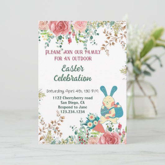 水彩グリーン植物 フラワーのイースターバニー卵 可愛い 招待状 (スタンド正面)