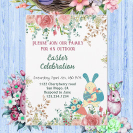 水彩グリーン植物 フラワーのイースターバニー卵 可愛い 招待状