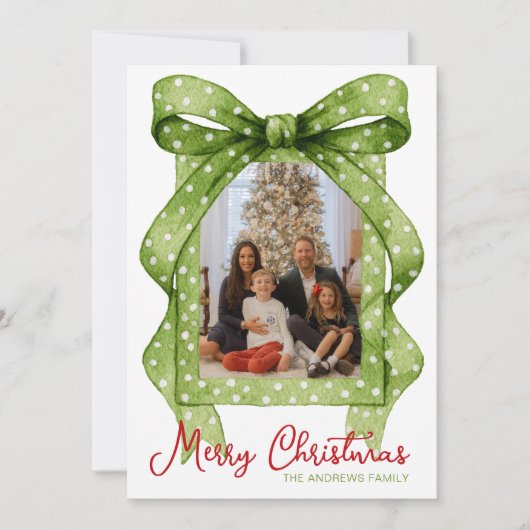 水彩グリーン水玉模様ボウクリスマスフォト シーズンカード (正面)
